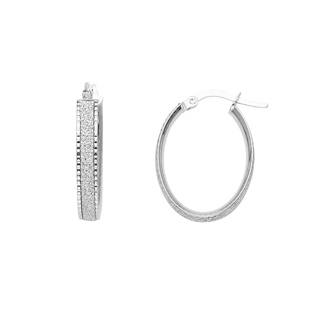 14k White Gold 4mm Glitter Oval Hoop Earrings